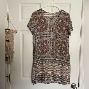 hinge Womens XS Neutral Boho Medallion Short Sleeve Dress - Cream, Brown, Black